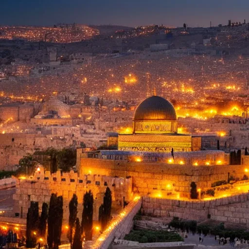 Image similar to a beautiful jerusalem city with lots of glowing crystals, sunset lighting,