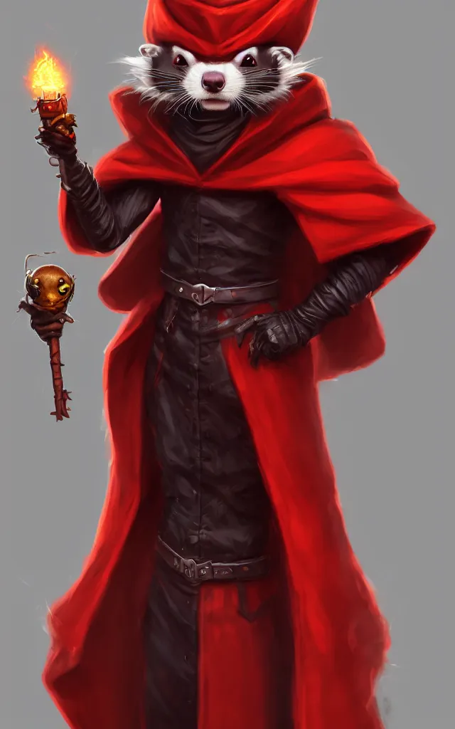 Image similar to a anthropomorphic ferret is a dark warlock dressed red robes, he's very menacing and evil, he's holding a fireball, hyperdetailed, artstation, cgsociety, 8 k