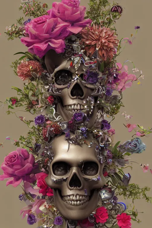 Prompt: zoom in 3 d render of cyborg skull made of flowers holding birds, ornaments, mucha vibe, dieselpunk, solarpunk, artstation, andrei riabovitchev