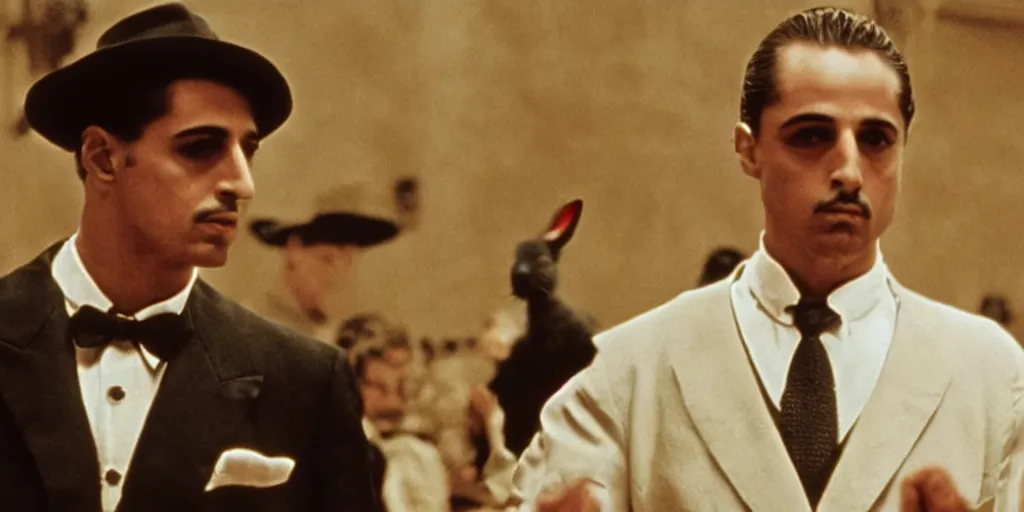 Prompt: a rabbit in the movie godfather, screenshot