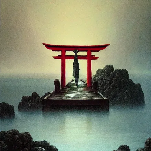 Image similar to A beautiful painting of A Torii over the sea by Zdzisław Beksiński and Ilya Repin,In style of Post-Apocalyptic.digital art, illustration,hyper detailed,smooth, sharp focus,trending on artstation,oil on the canvas,4k ~W 1440