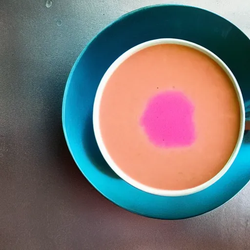 Prompt: photo of a cyan and pink soup