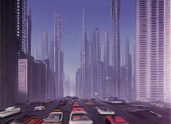Image similar to 5 cars driving down a street in the city of Eindhoven next to tall buildings the night at 8:00 am, cyberpunk art by Chesley Bonestell, cgsociety, retrofuturism, matte painting, reimagined by industrial light and magic