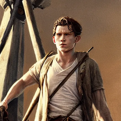 Prompt: tom holland as a pirate, standing on the mast, fine face, face focused, fine detailed face, long hair, realistic shaded lighting poster by greg rutkowski, cinematic lighting, sharp focus, highly detailed attributes and atmosphere