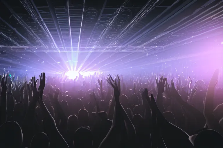 Image similar to crowd partying with their hands up at a club, volumetric lighting, haze, light beams, discoball, dj on stage with raised hands, silhouette, digital art, trending on artstation, 4k, unreal engine, intricate, ornate
