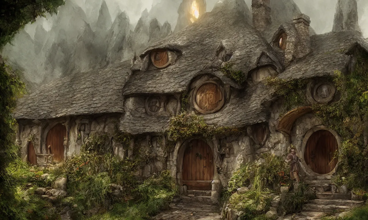 Image similar to The house of the Hobbit Bilbo Baggins, highly detailed, digital painting, artstation, concept art, smooth, sharp focus ilustration, Artstation HQ