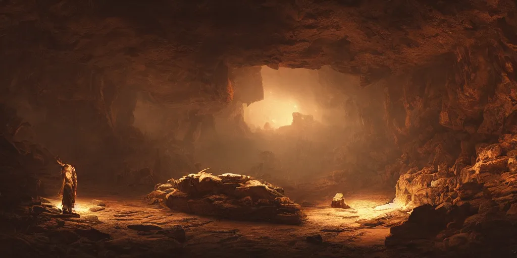 Image similar to discovery of a highly advanced underworld civilization with dark lighting in the style of thomas cole, cinematic lighting, raytracing, 8 k, octane render, volumetric, vivid, beautiful, hyperrealism