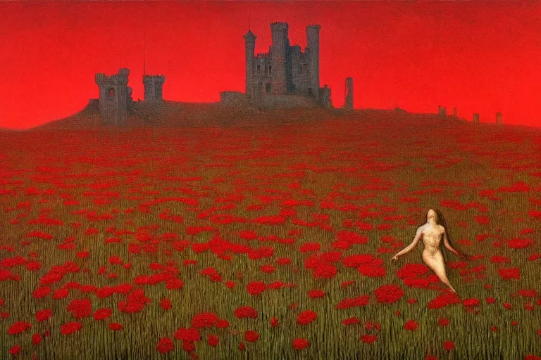 Image similar to only with red, red flowers of different types, a red tiger, a castle in the background, medieval demons dance over the flowers, an ancient path, in the style of beksinski, part by hopper, part by rodcenko, part by hofbauer, intricate composition, red by caravaggio, insanely quality, highly detailed, masterpiece, red light, artstation