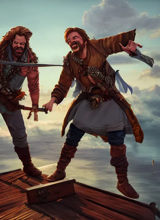 Image similar to an epic fantasy comic book style portrait painting of two bumbling idiot sky - pirates on the deck of a skyship looking at a chest, unreal 5, daz, hyperrealistic, octane render, cosplay, rpg portrait, dynamic lighting, very detailed faces