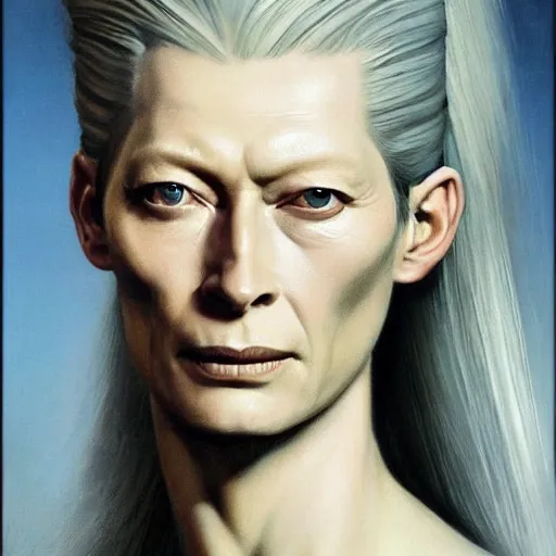 Image similar to ultra realistic portrait painting of tilda swinton as geralt of rivia, art by frank frazetta, 4 k, ultra realistic, highly detailed, epic lighting