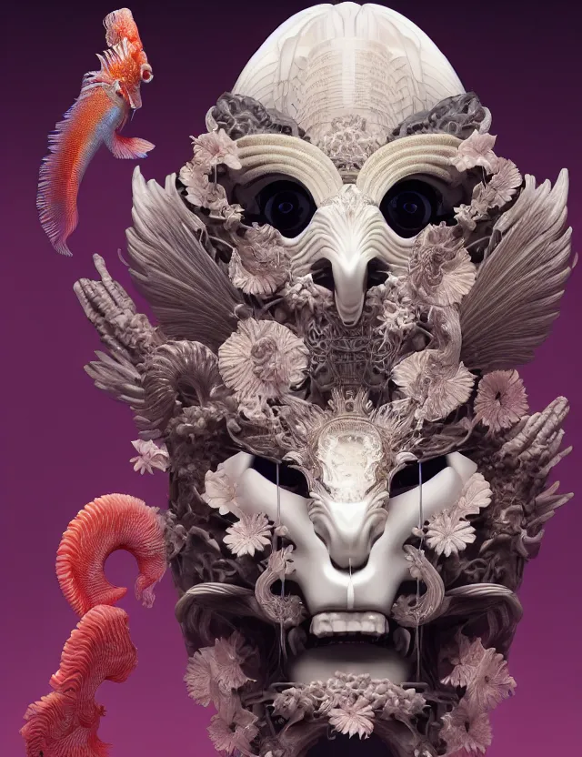 Image similar to 3 d goddess close - up frontal portrait with ram skull. beautiful intricately detailed japanese crow kitsune mask and clasical japanese kimono. betta fish, jellyfish phoenix, bio luminescent, plasma, ice, water, wind, creature, artwork by tooth wu and wlop and beeple and greg rutkowski