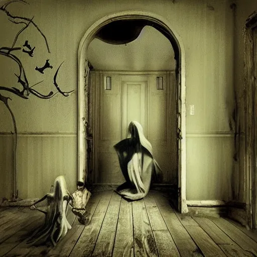 Image similar to picture of ghosts inside a creepy old house surrealism, surrealism album cover