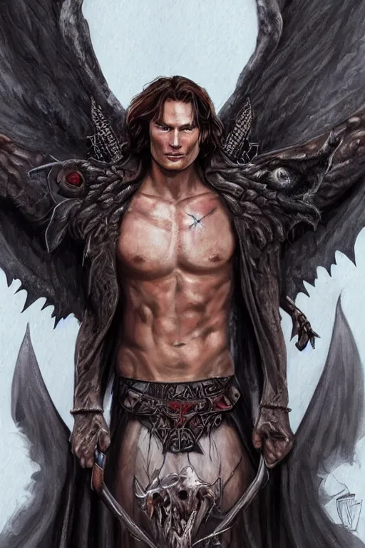 Image similar to front portrait of attractive sam winchester as a vampire with long fangs, wings wide open, clothes torn apart, muscular chest tattooed with runes and symbols, d & d!, fantasy style, sharp focus!, ultra detailed, art by artgerm and peter andrew jones, wlop