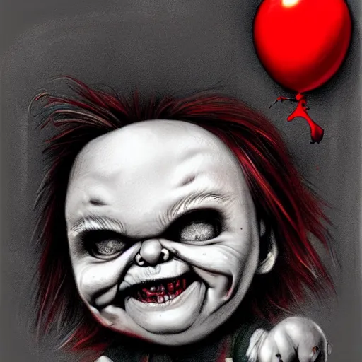 Image similar to surrealism grunge cartoon portrait sketch of chucky with a wide smile and a red balloon by - michael karcz, loony toons style, slender man style, horror theme, detailed, elegant, intricate