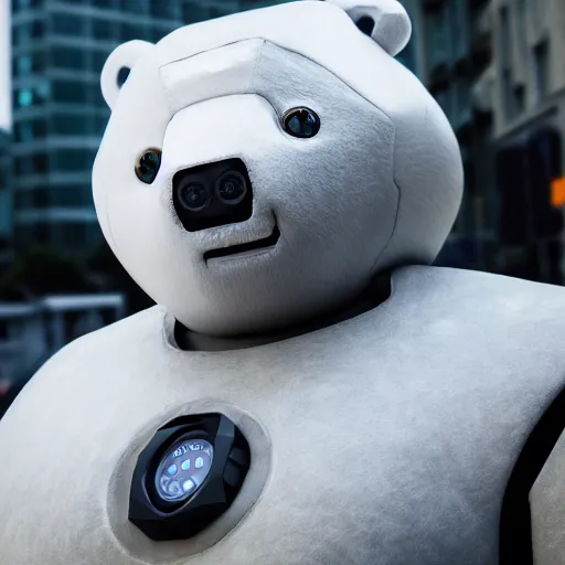 Prompt: photorealistic closeup portrait of ice bear robot in san fransisco, art photography, horror, sigma 5 0 mm, f 1. 8, insane details, hyper realistic, 8 k, full figure poster, volumetric lighting, very detailed face, 4 k, award winning