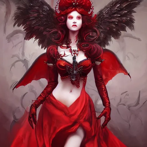 Prompt: A masterpiece portrait of a royal baroque goddes goth red devil succub girl with demon wings. , trending on artstation, digital art, by Stanley Artgerm Lau, WLOP, Rossdraws, James Jean, Andrei Riabovitchev, Marc Simonetti, Yoshitaka Amano