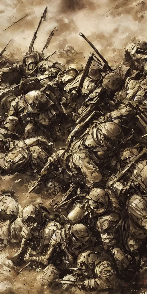 Image similar to oil painting scene from battlefield by kim jung gi