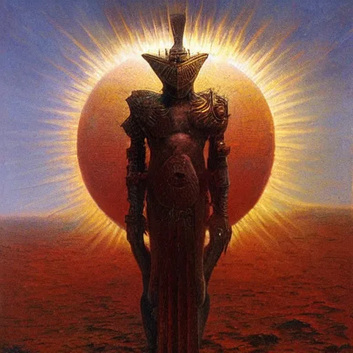 Image similar to god of the sun, wearing solar armor, infinity blade armor, beksinski