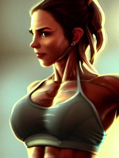 Image similar to a beautiful woman working out at the gym. popular girl. intricate, elegant, highly detailed, digital painting, artstation, cinematic shot, concept art, sharp focus, illustration, by justin gerard and artgerm, 8 k