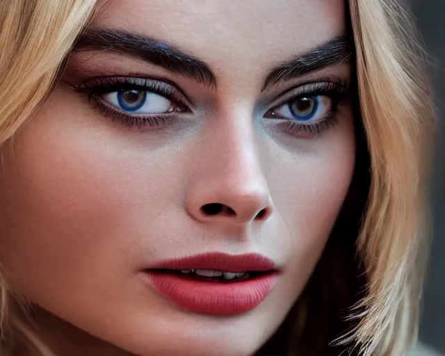 Image similar to a more beautiful version of margot robbie, hyper realistic face, beautiful eyes, cinematic, long shot, hyper detailed, 8 5 mm photograph, 8 k resolution, film still, sharp lens, wide lens