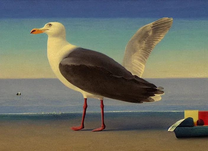 Prompt: seagull, beach, painting, fine art, hard edge painting, tonal colors, polychromatic - colors, by richard dadd