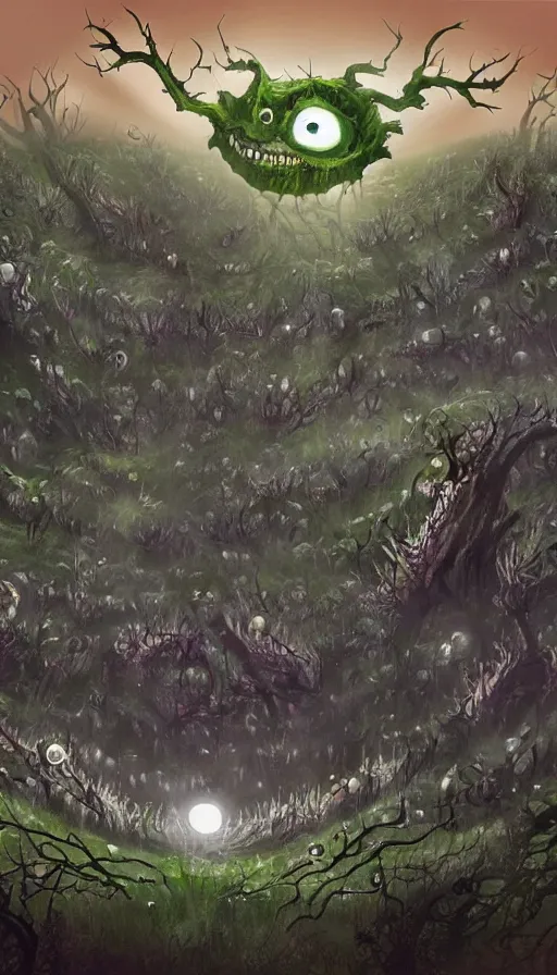 Image similar to a storm vortex made of many demonic eyes and teeth over a forest, by pixar concept artists