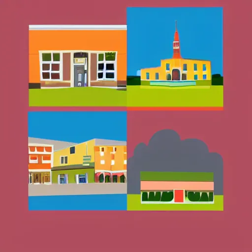 Prompt: a small town, color blocking, vector art, svg