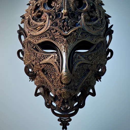 Prompt: an elaborate intricate mask made of wind, rendered in octane, behance hd, bokeh backdrop