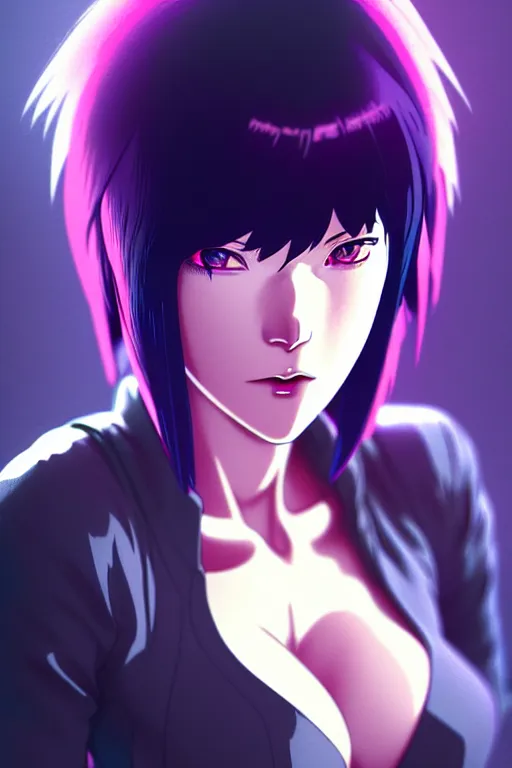 Image similar to a still fullbody portrait of motoko kusanagi ghost in the shell, finely detailed features, closeup at the faces, perfect art, at a cyberpunk city, gapmoe yandere grimdark, trending on pixiv fanbox, by ilya kuvshinov, rossdraws, artgerm