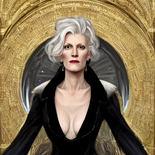 Image similar to portrait of Anna Gunn as Cruella de Vil, elegant, intricate, headshot, highly detailed, digital painting, artstation, concept art, sharp focus, illustration, art by artgerm and greg rutkowski and alphonse mucha