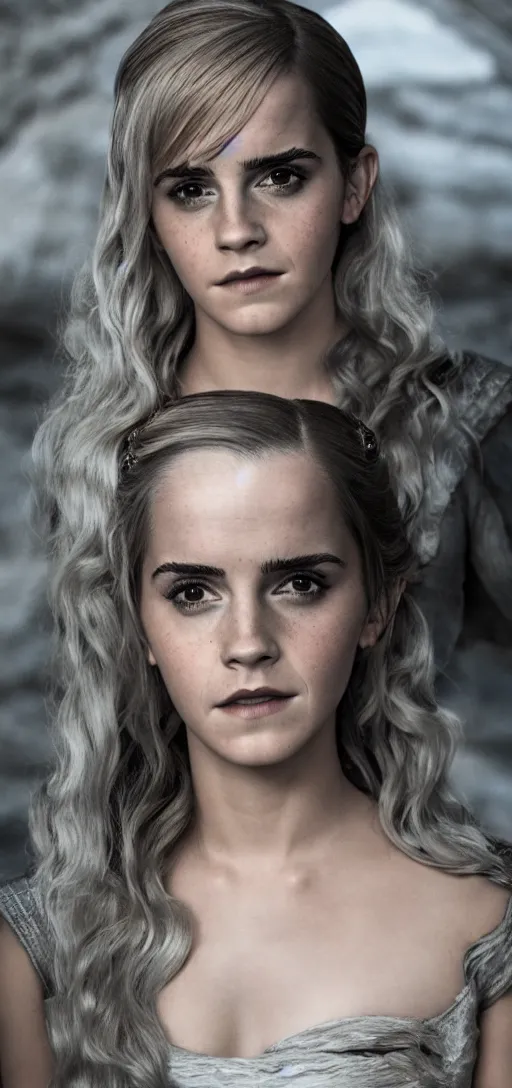 Image similar to Emma Watson as Daenerys Targaryen, XF IQ4, 150MP, 50mm, F1.4, ISO 200, 1/160s, natural light