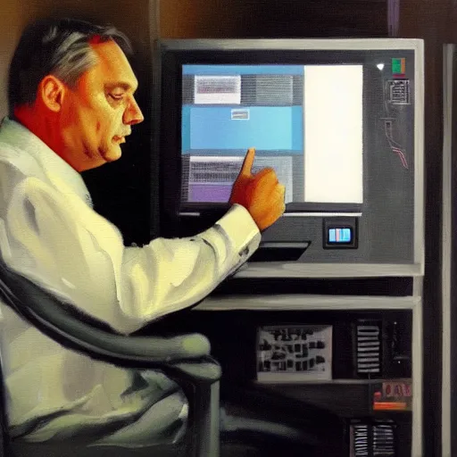 Image similar to viktor orban programming a computer in a cubicle, oil painting