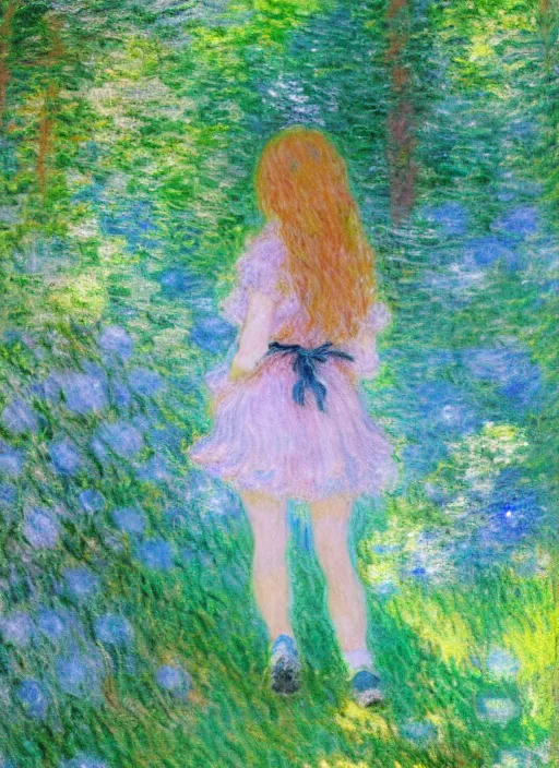 Image similar to an extremely cute girl hiking in a forest, very anime, trending artwork, 4 k, anime painter studio, an impressionist style by claude monet