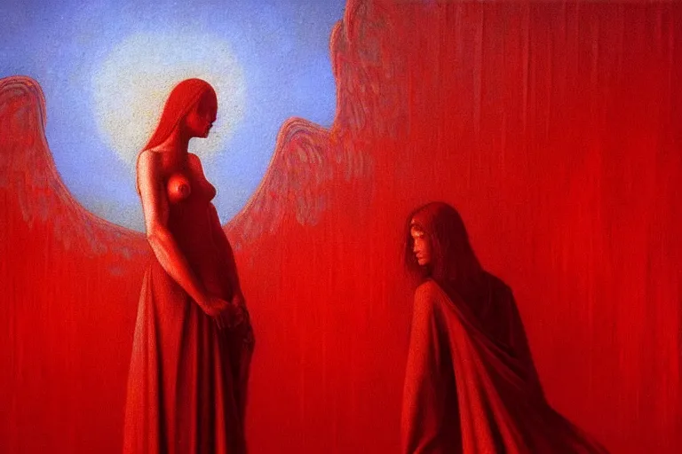 Image similar to only with red, a red angel announce the win, at the gates of a rich renaissance city. inthe background, pathos, in the style of beksinski, part by hopper, part by rodcenko, part by hofbauer, intricate composition, red by caravaggio, insanely quality, highly detailed, masterpiece, red light, artstation