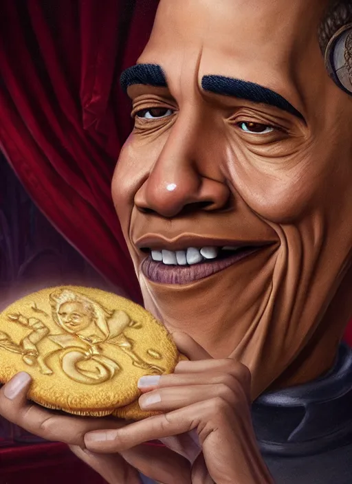 Image similar to highly detailed closeup portrait of obama as a fairytale medieval prince eating cookies, unreal engine, nicoletta ceccoli, mark ryden, lostfish, earl norem, global illumination, god rays, detailed and intricate environment