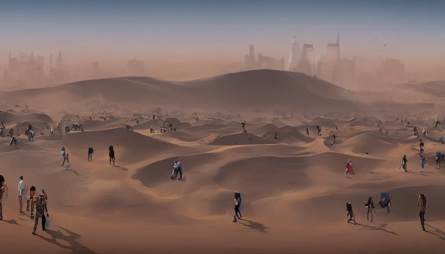 Prompt: new york city under tons of sans, sand dunes, people walking, heat wave, hyperdetailed, artstation, cgsociety, 8 k