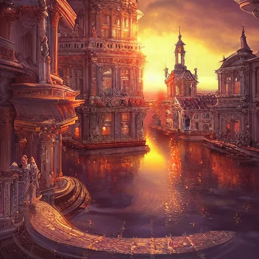 Prompt: floating baroque city, beautiful, surreal, highly detailed, sharp focus, sunset, by artgerm, cgsociety