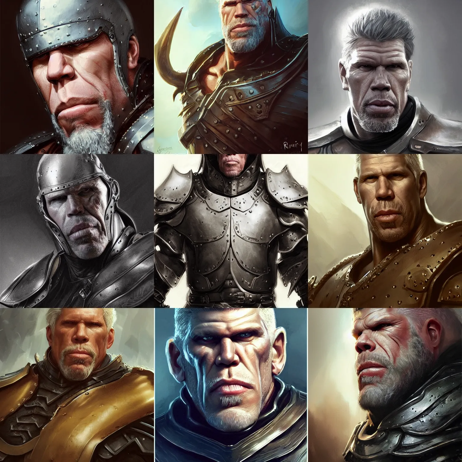 Prompt: digital fantasy portrait of ron perlman in leather armor, by artgerm and Greg Rutkowski, trending on artstation, character design, character concept, illustration, concept art, sharp focus, smooth, very detailed, fantasy art