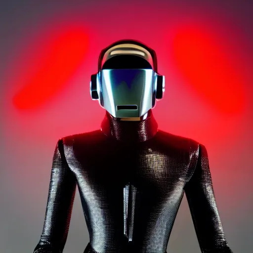 Prompt: daftpunk deluxe humanoid robots front head daftpunk curved screen displaying red glowing Error, background dark, 40nm lens, shallow depth of field, split lighting, 4k,