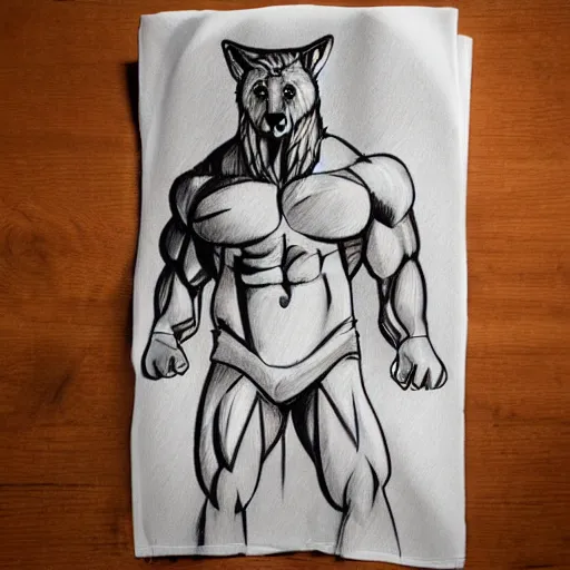 Image similar to master furry artist pen napkin sketch full body portrait character study of the anthro male anthropomorphic wolf fursona animal person wearing gym shorts bodybuilder at gym