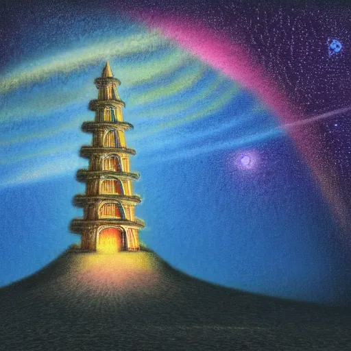 Image similar to a landscape pastel in the style of noriyoshi ohrai of an ancient holy tower, it has iridescent mana radiating from it. it is centered. the background is the starry sky at night. key art. 4 k retrofuturistic fantasy