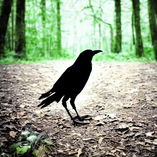 Prompt: mixture between a!! person and crow, photograph captured in a forest