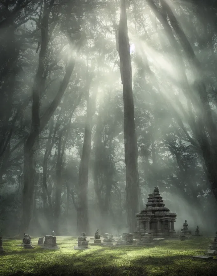 Prompt: an ancient temple with statues lost in a gigantic forest by maena paillet, painting, cinematography, epic lighting, volumetric, fog, god rays