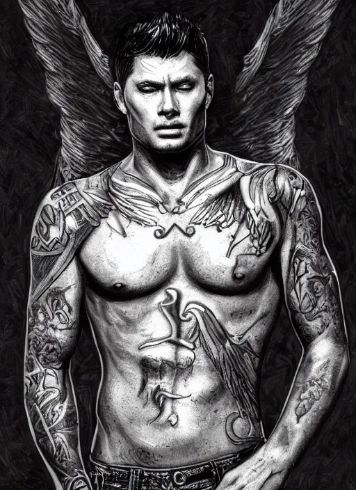 Image similar to Portrait of Dean Winchester as an angel warrior , angelical runes tattoed all over his body, intricate body, whole body, highly detailed, digital painting, artstation, concept art, smooth, sharp focus, illustration, art by Hajime Sorayama