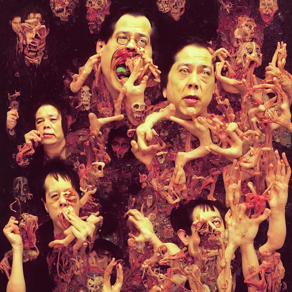 Prompt: weird and disturbing portrait of bill hicks todd solondz puking bones, vivid colors, neon, art by ( ( ( kuvshinov ilya ) ) ) and wayne barlowe and gustav klimt and artgerm and wlop and william - adolphe bouguereau