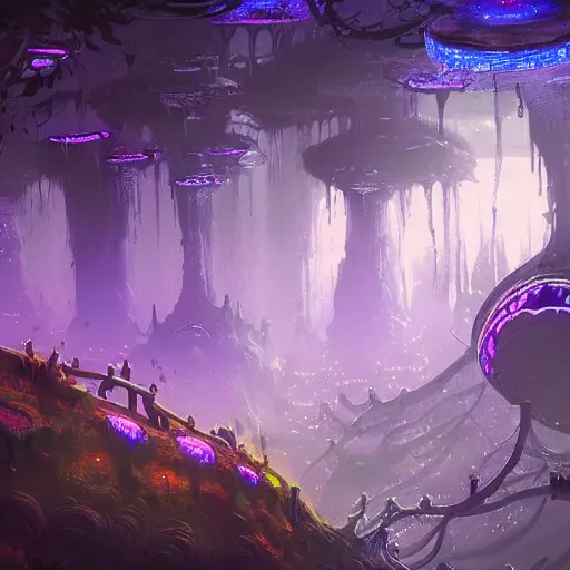 Image similar to concept art detailed painting of a dark purple fantasy fairytale fungal city made of mushrooms, with glowing blue lights, in the style of jordan grimmer and neil blevins and wayne barlowe