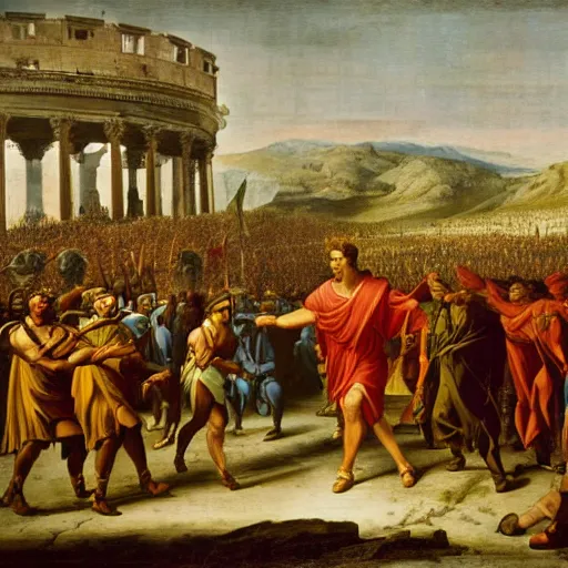 Prompt: a kodachrome photograph of julius caesar and his army crossing the rubicon