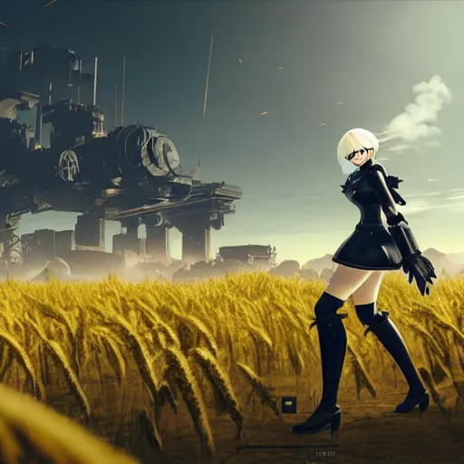 Image similar to a high resolution image from nier : automata, featuring 9 s android fighting an armoured vehicles column in yellow rye field under pure blue skies