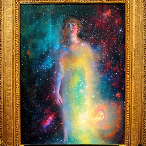 Image similar to hypatia dissolving into a nebula, smiling, oil painting