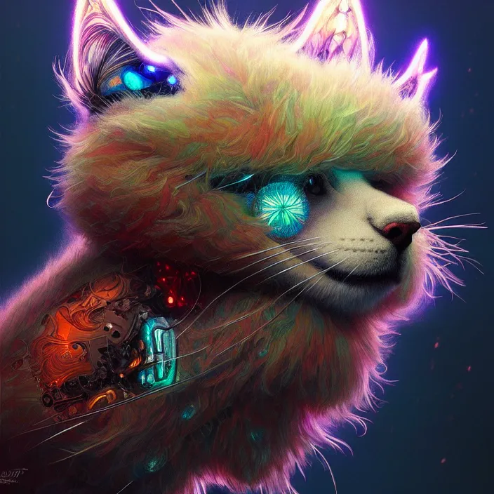 Image similar to psychedelic fluffy furry animal cyborg, diffuse lighting, fantasy, intricate, elegant, highly detailed, lifelike, photorealistic, digital painting, artstation, illustration, concept art, smooth, sharp focus, art by John Collier and Albert Aublet and Krenz Cushart and Artem Demura and Alphonse Mucha